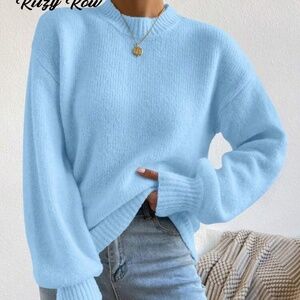 Women's Light Blue Round Neck Lantern Sleeve Pullover Sweater With Wool
